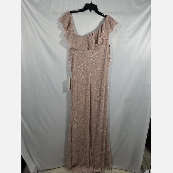NWT $498 Mac Duggal [ 14 ] Sequined Drop Shoulder Trumpet Gown in‎ Mocha Pink - Picture 10 of 13